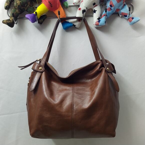 HOBO Brown Leather Double Handles Zipper Closure Shoulder Bag - Picture 1 of 16